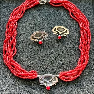 Vintage Red Coral bead sterling silver choker necklace. With matching earrings.